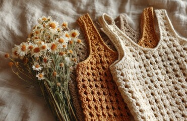 Bunch of dried chamomile flowers lying near handmade crochet tops on linen sheet