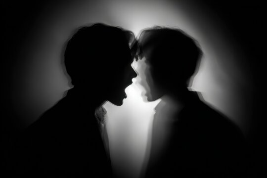 Silhouette of an Adult Man Engaged in Dialogue with the Shadows of His Alter Ego, Reflecting on Influence and Mental Illness