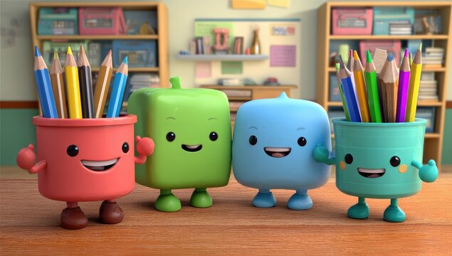 Four colorful, cartoonish pencil cup characters stand on a wooden table in a classroom setting - Powered by Adobe