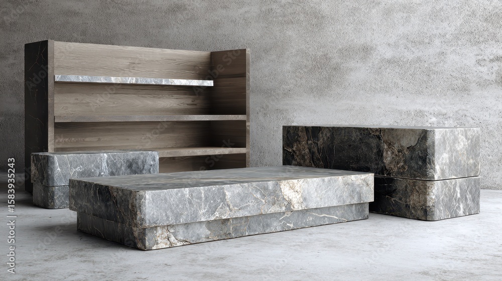 Poster textured marble slabs displayed on a rustic concrete surface for modern design layout