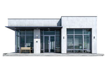 Front view of a single small office building isolate cutout on transparent background