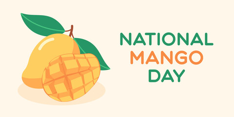 Simple flat vector image featuring ripe mango fruit with leaves and text for National Mango Day. For card, tropical or food design. Cartoon illustration. Minimal. Isolated background.