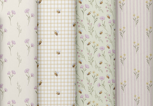 Set of seamless watercolor patterns with pink flowers, baby bees, wildflowers, plaid and striped backgrounds in pastel tones, perfect for nursery design, kids textiles, scrapbooking and wrapping paper