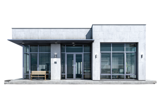 Front view of a single small office building isolate cutout on transparent background