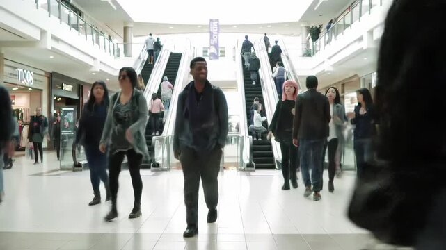 Crowded shopping mall scene with people walking and escalators in background during busy retail day. concept of urban shopping, crowds, consumerism, retail therapy