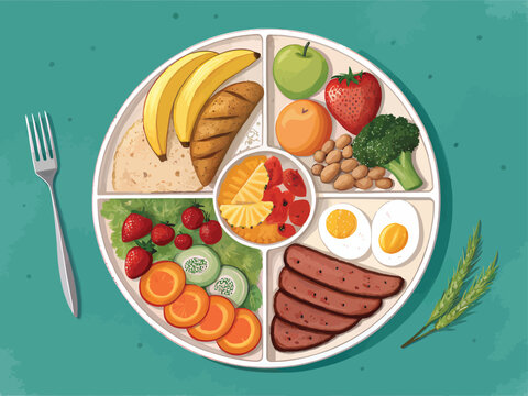 Balanced diet plate illustration for healthy eating plan and portion control guide with food groups