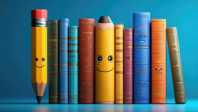Row of books and pencils, cheerful faces