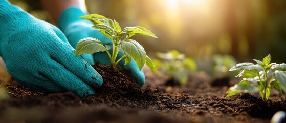 The gardener planting seedlings in rich soil during a sunny day.