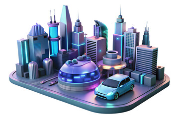 A futuristic city miniature with skyscrapers, futuristic buildings, and a blue car in the foreground on transparent background