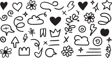 Naklejka premium Black doodle icons hearts stars flowers lightning bolts and clouds vector