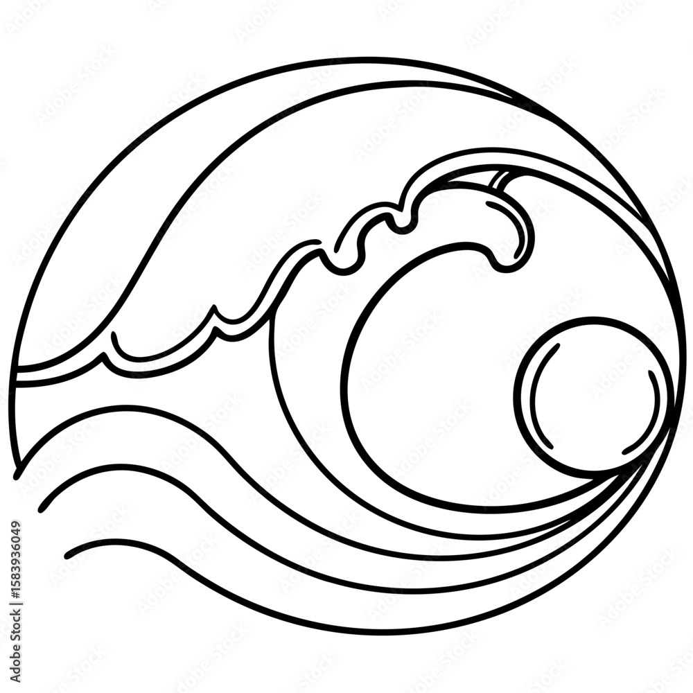 Fototapete ball-on-wave design featuring sea wave and floating sphere in minimalist style. ball-on-wave symboli