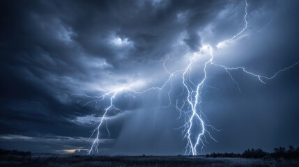 The dramatic lightning streaks illuminate the dark stormy sky with electric energy.