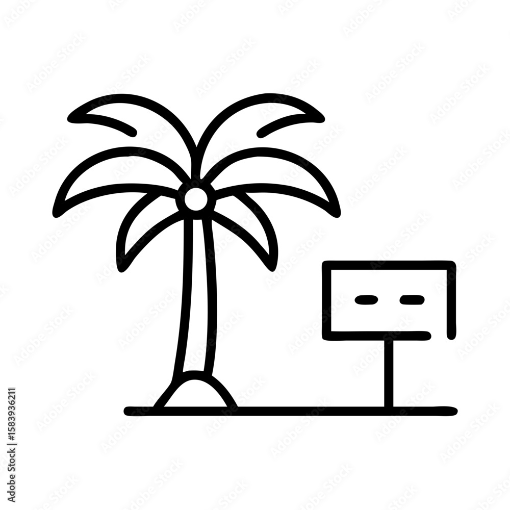 Aufkleber palm tree and board presented as a simple line drawing with tropical vibes. palm tree and board imag