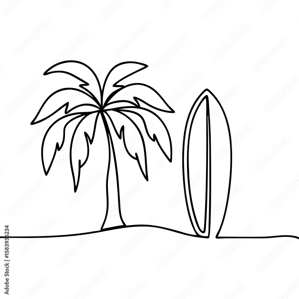 Poster palm tree and board in minimalist line drawing. simple line drawing depicts palm tree and board, cap