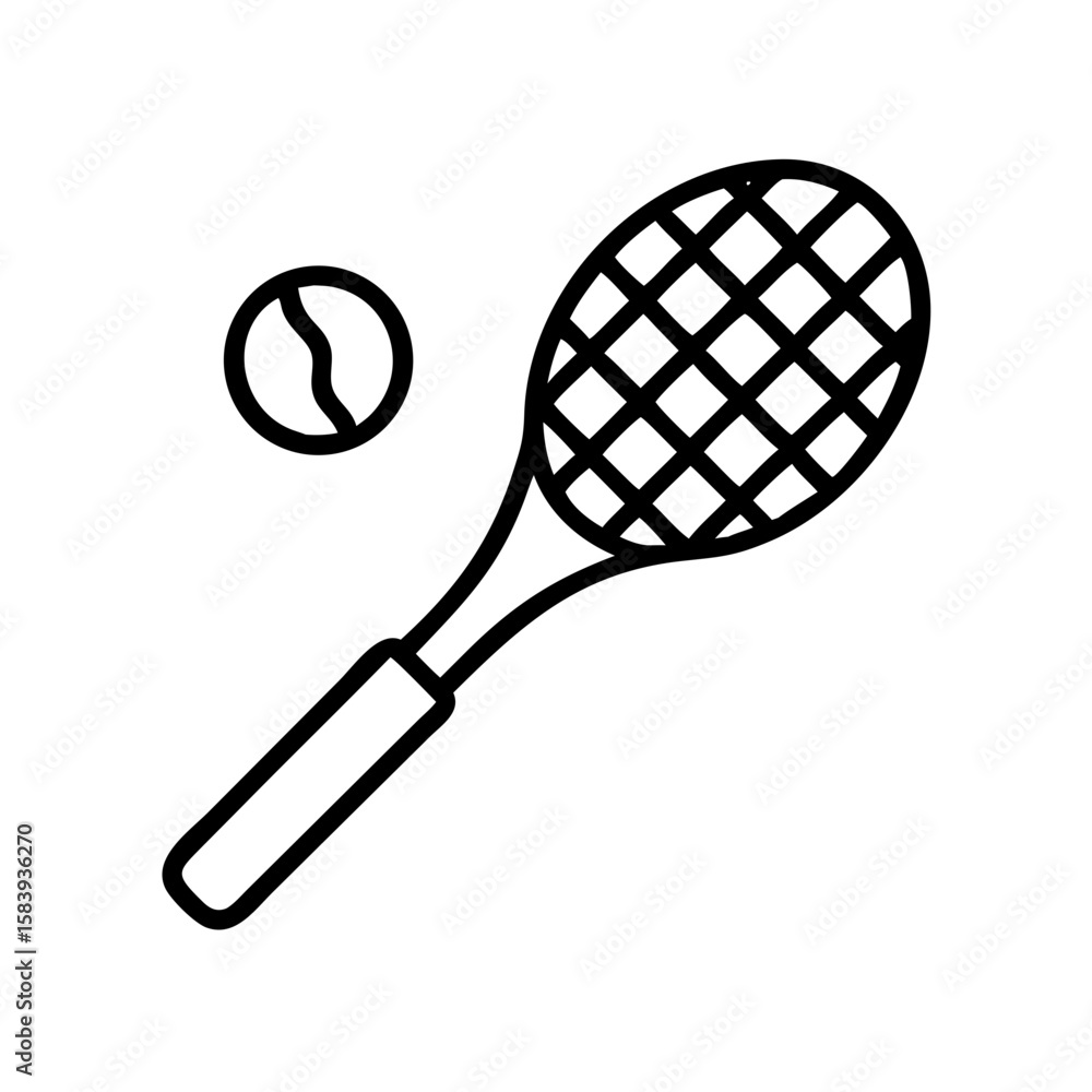 Poster racket-and-ball outline for simple sports design, featuring a minimalist racket-and-ball set. design