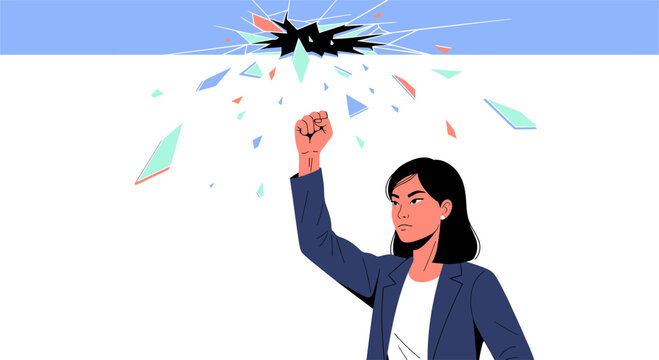 Breaking Barriers Woman Empowered to Shatter Glass Ceiling Illustration