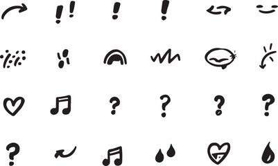 Diverse hand drawn icons and symbols arrow exclamation mark