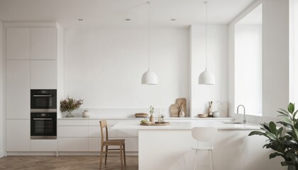 Modern kitchen interior with monochromatic white color scheme. White cabinets, appliances, sink and pendant light. Wooden dining table with four chairs. Plants plant adds contrast to space.