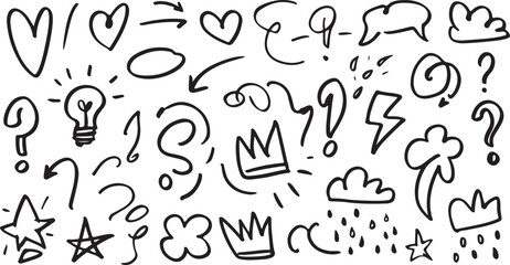 Doodle collection of hearts arrows lightbulb question marks clouds and stars vector