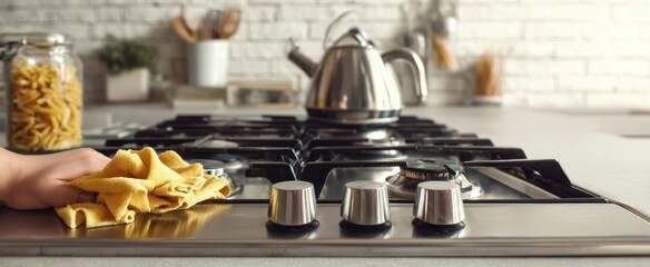 The shiny kitchen stove with a hand cleaning and preparing for cooking.