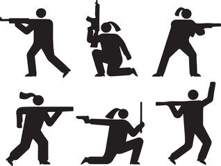 Figures holding weapons in various poses silhouette people