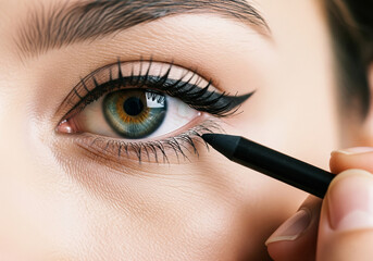 A woman's highlighted by thick dark eyelashes and eyeliner. She is applying black eyeliner to her lower eyelid with a pencil.