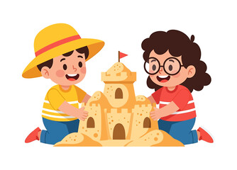 Kids Building Sandcastle Together on Beach Seaside Fun and Friendship Illustration