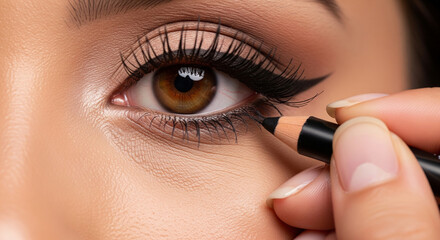 A woman eye with warm brown irises and long lashes, she applies black eyeliner to her lower lash line.