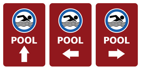 swimming pool location direction sign in red background