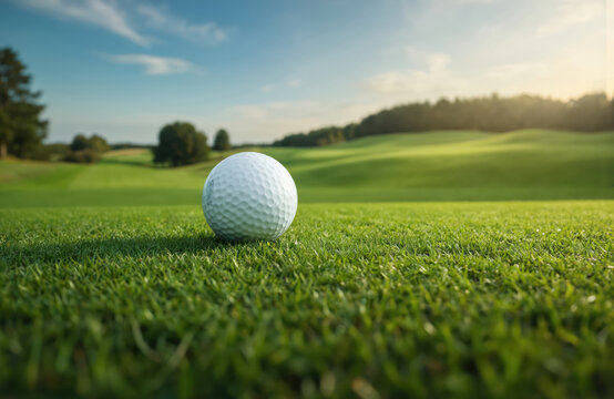 Pristine white golf ball on grass course. Lush green landscape, fairway, and trees surround it. Golf ball in focus on green grass with blue sky and clouds in background.
