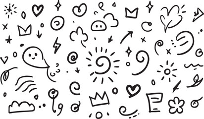 Whimsical doodle collection featuring hearts stars clouds sun and playful elements hand drawn black and white