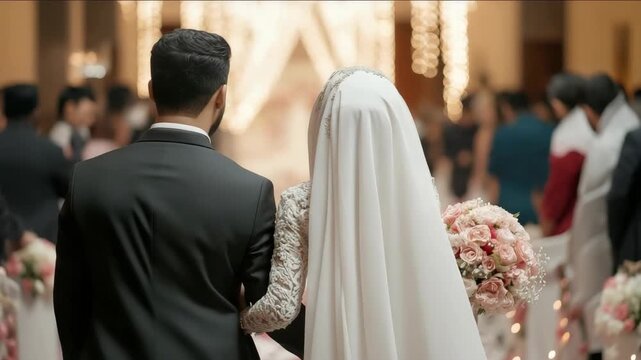 Nikah. Muslim bride in hijab and groom walking to get married. with pink flowers and pink petals falling around them. Muslim wedding.