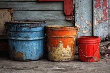 Fototapeta premium Weathered Paint Receptacles: Vintage Cans Lined Up by a Timeworn Garage