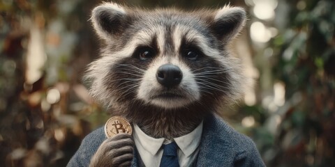 Obraz premium Anthropomorphic Raccoon Entrepreneur Holding Bitcoin Token Symbol of Digital Finance