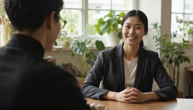 Social worker smiles, communicates effectively with client in well-lit office. Client-centered approach, plants bring warmth, comfort. Pro meeting, conversation, discussion. Support, guidance, trust, - Powered by Adobe