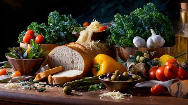 The vibrant assortment of fresh vegetables and bread on a rustic table.