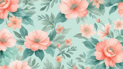 Floral pattern with coral flowers on mint green background  