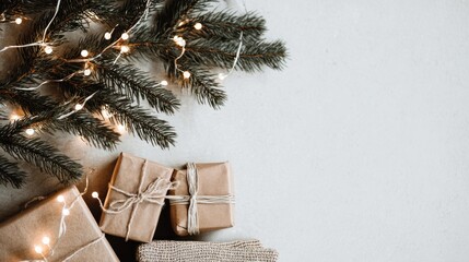 Festive Christmas gift wrapping with lights and branches
