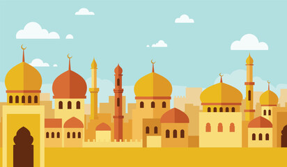 Flat Design Illustration of an Islamic Cityscape with Mosques and Minarets