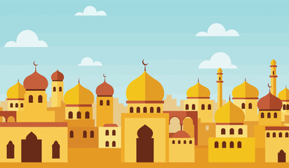 Flat Vector Illustration of Middle Eastern Cityscape with Mosques and Buildings