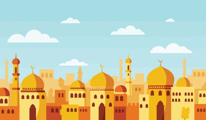 Flat vector illustration of an Islamic city skyline with mosques and buildings