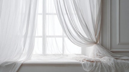 Elegant white curtains draped over a window
