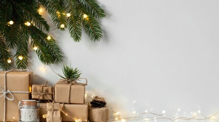 Festive Christmas gifts and lights on a white background
