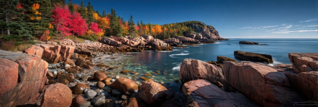 Vibrant Autumn Foliage Adorns the Rugged Atlantic Shoreline of Acadia National Park in Down East Maine, New England - Powered by Adobe