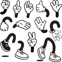 Fototapeta premium Retro cartoon legs and hands, Hands with gloves and feet with boots, various poses for characters, a set of poses, gestures, placement of hands and feet. Mascot character set. Cartoon set of limbs.