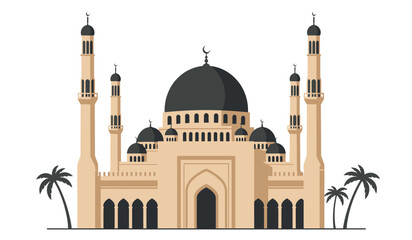 Illustration of a Mosque with Domes and Minarets on a White Background