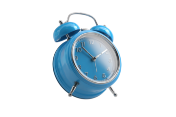 Isolated blue alarm clock flying over white background