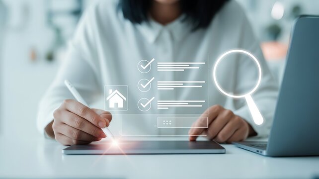 Woman using tablet with digital interface showing checklist and magnifying glass - Powered by Adobe