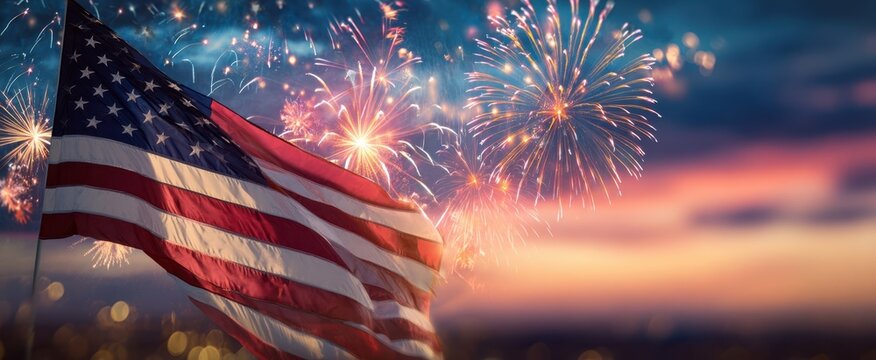 The American flag waving proudly against a vibrant fireworks display.