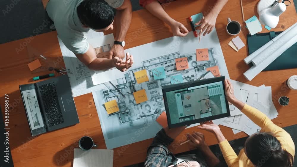 Poster top down view of civil engineers using tablet to design house structure while sitting at table with 